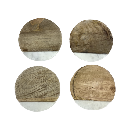 4" Wooden Coasters with Marble - Set of 4
