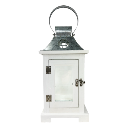 18.5" Wood Lantern W/ Galvanized Top- White