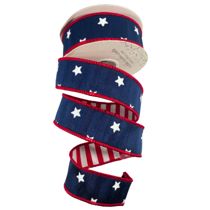 1.5" x 10yd White Stars on Navy Ribbon