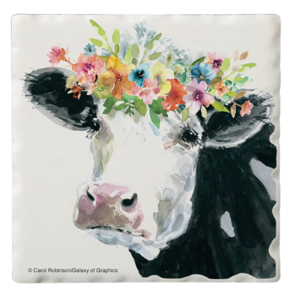 Flower Crown Cow 4 pc Square Coaster Set