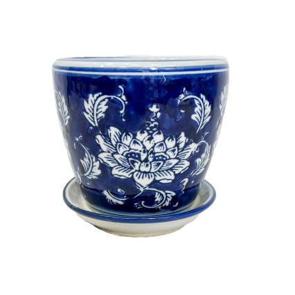 4.5" Round Planter- SM Blue Floral Lotus W/ Plate