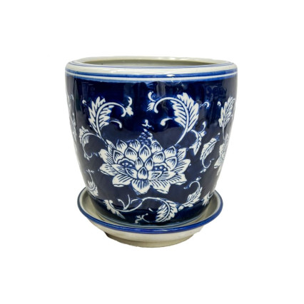 7" Round Planter- LG Blue Floral Lotus W/ Plate