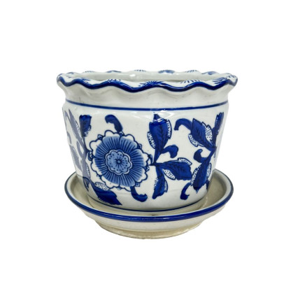 5" Round Planter- LG Blue Floral W/ Scalloped Edge & Plate
