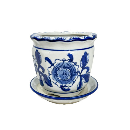 4.25" Round Planter- SM Blue Floral W/ Scalloped Edge & Plate