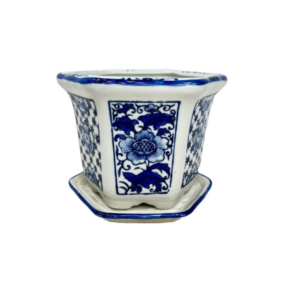 5" Pentagon Shaped Planter- Blue Floral Panels W/ Plate