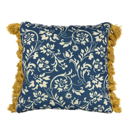 20" Dark Blue with Foral Pattern & Gold Fringe Indoor Pillow