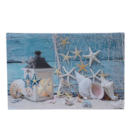 12"H Shell Lantern Beach Canvas with LED Lights