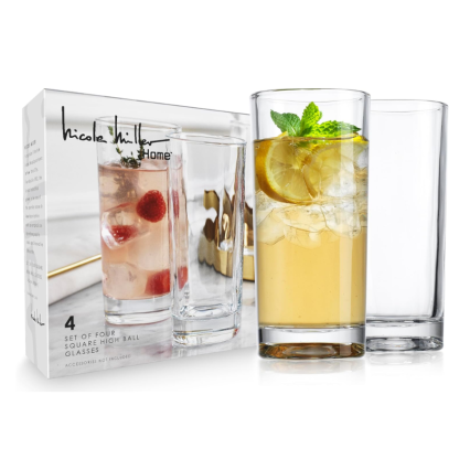 14.5 oz Nicole Miller Set of 4 Sqaure High Ball Glasses