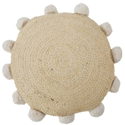 20" Round Natural Woven Indoor Pillow w/PomPoms