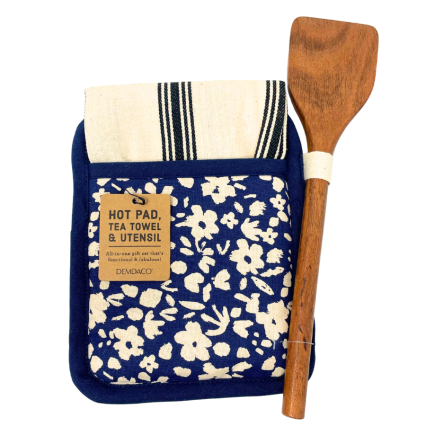 Navy Floral Hot Pad & Towel w/ Spatula Set