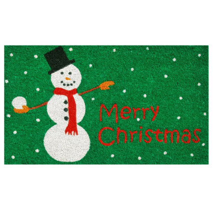 Merry Christmas Snowman on Green Doormat