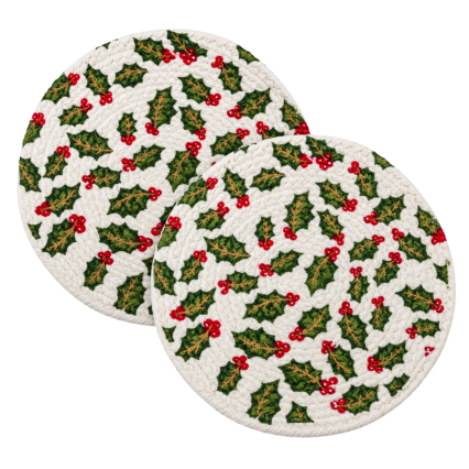 Set of 9" Round Woven Trivets- Berries & Holly