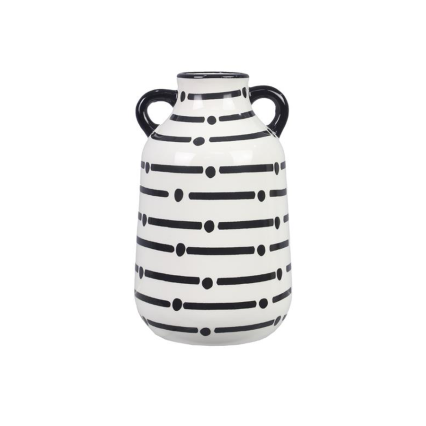 Ceramic White Vase W/Black Lines & Dots