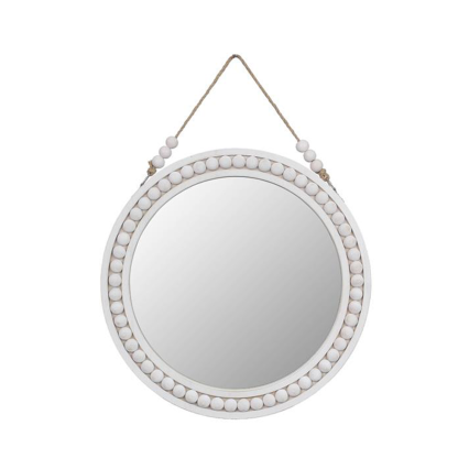 12" Round White Beaded Wood Frame Mirror W/Rope