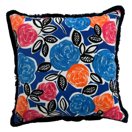 17" Pillow Bold Floral Cobalt with Fringe
