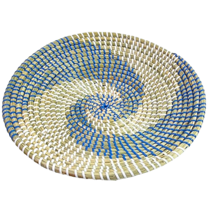 13" Natural Woven Basket/ Wall Decor - Blue & White Swirl