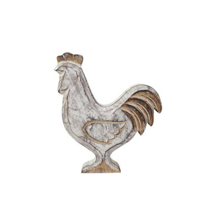 10"H Mango Wood Carved Rooster - White Washed