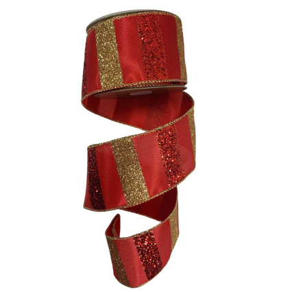 2.5" x10yd Gold & Red Glitter Stripe Ribbon