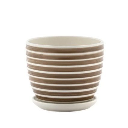 Striped Planter with Saucer-Taupe
