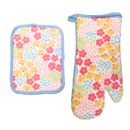 Pastel Floral Oven Mitt and Potholder Set