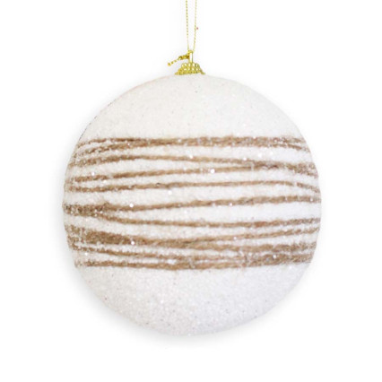 5" Ball Ornament - White w/Natural Horizontal Twine