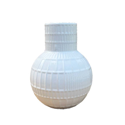 Ceramic Round Bellied Vase with Lattice Design Body - Glossy White