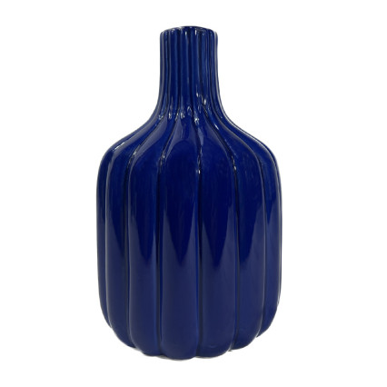 Ceramic Bottle Vase w/Narrow Mouth & Embossed Column Design - Glossy Cobalt Blue