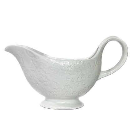 16 oz White Debossed Floral Gravy Boat