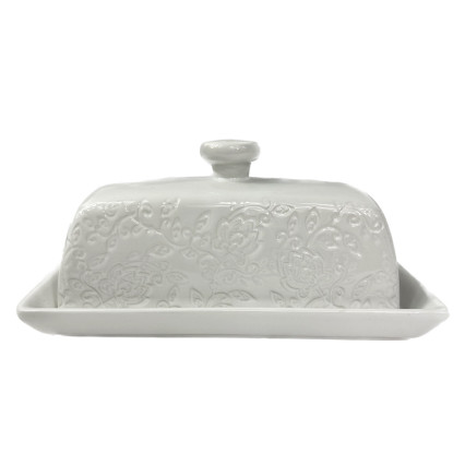 8" White Debossed Floral Butter Dish
