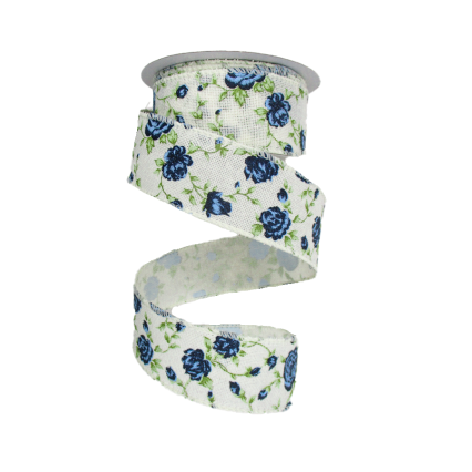 1.5" x 10yd Cream w/Blue Floral Ribbon