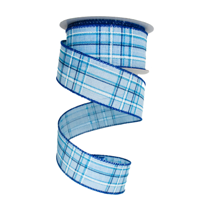 1.5" x 10yd Light/Dark Blue & White Line Check Ribbon