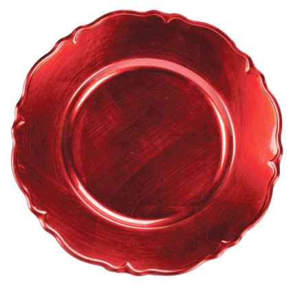 13" Rnd Plastic Scallop Edge Charger Plate- Shiny Red