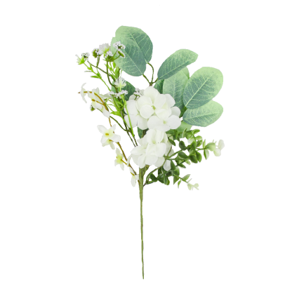 17" White Hydrangea Eucalyptus Boxwood Pick