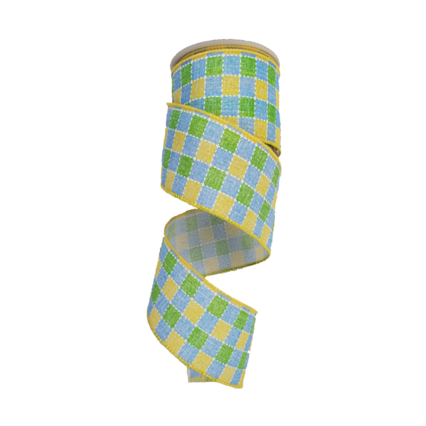2.5" x 10yd Blu/Grn/Yllw Plaid w/White Dotted Line Ribbon