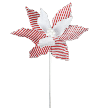 22" Red/White Stripe Poinsettia W/ PomPom Center