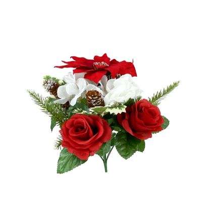 18" Poinsettia, Hydrangea, & Rose W/ Pinecone Bush