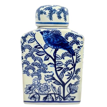 9" Blue & White Chinoiserie Porcelain Jar w/ Lid