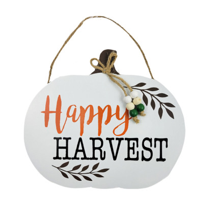 11" Happy Harvest Pumpkin Sign with Bead Accent-White