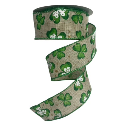 1.5" x 10Y Tan with Green Clover Ribbon