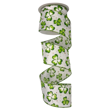 2.5"x10yd Lucky Clovers on White Ribbon
