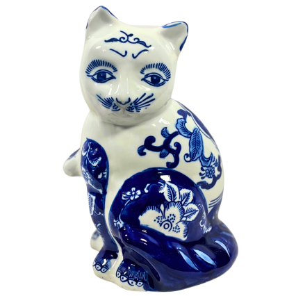 11" Blue & White Chinoiserie Porcelain Cat