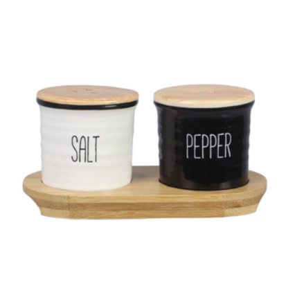 Ceramic Salt & Pepper 2pc Set on Bamboo Base