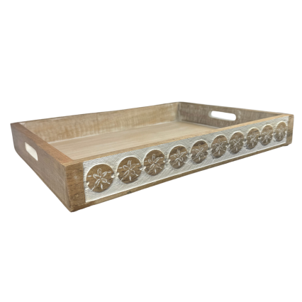17" Wood Sand Dollar Whitewash Tray