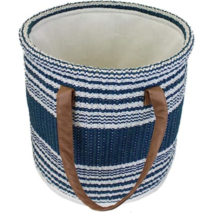 14"H  Woven Basket with Twill Handles - Blue & Cream