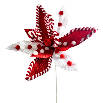 22" Red & White Swirl Velvet Poinsettia w/ Candy Cane Center