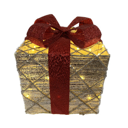Large Champagne Hemp Rope w/Red Bow Light Up Present
