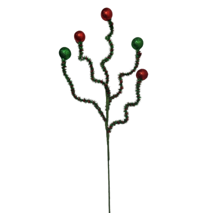 32" Curly Red & Green Tinsel w/ Ball Spray
