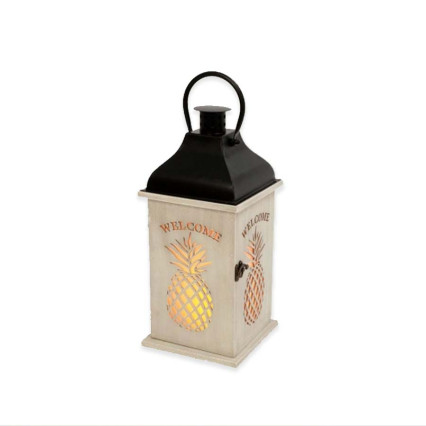 Lighted Wood & Metal Pineapple Welcome Lantern w/Timer