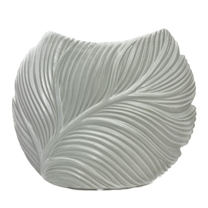 Ceramic Oval Vase w/Embossed Tropical Leaf Body - White Matte Finish