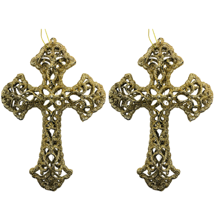 6" Golden Glitter Cross Ornaments - Set of 2